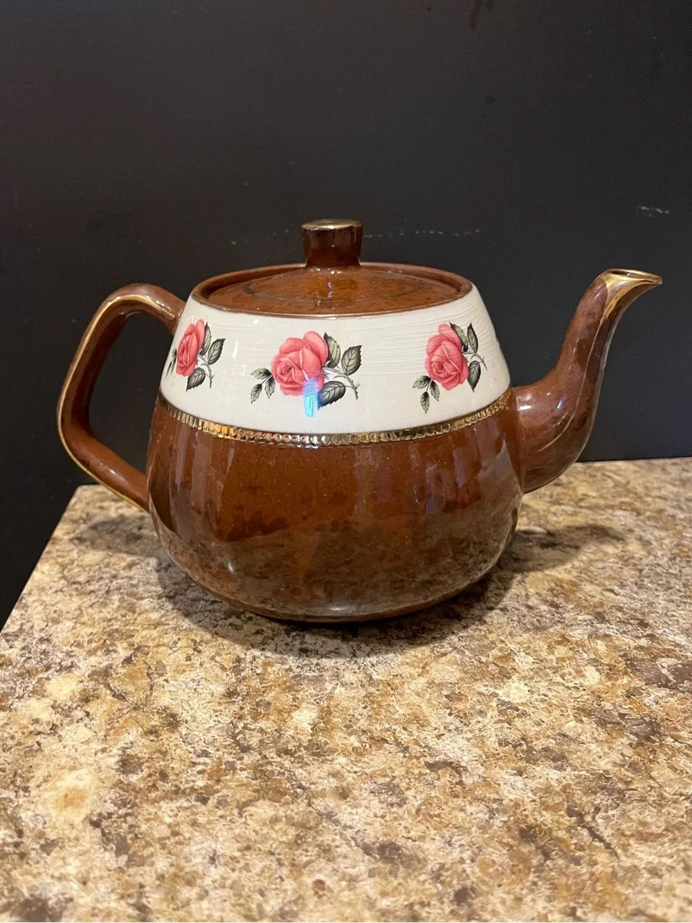 Vintage Arthur Wood Brown Teapot with Pink Rose Band 4.5 Cups